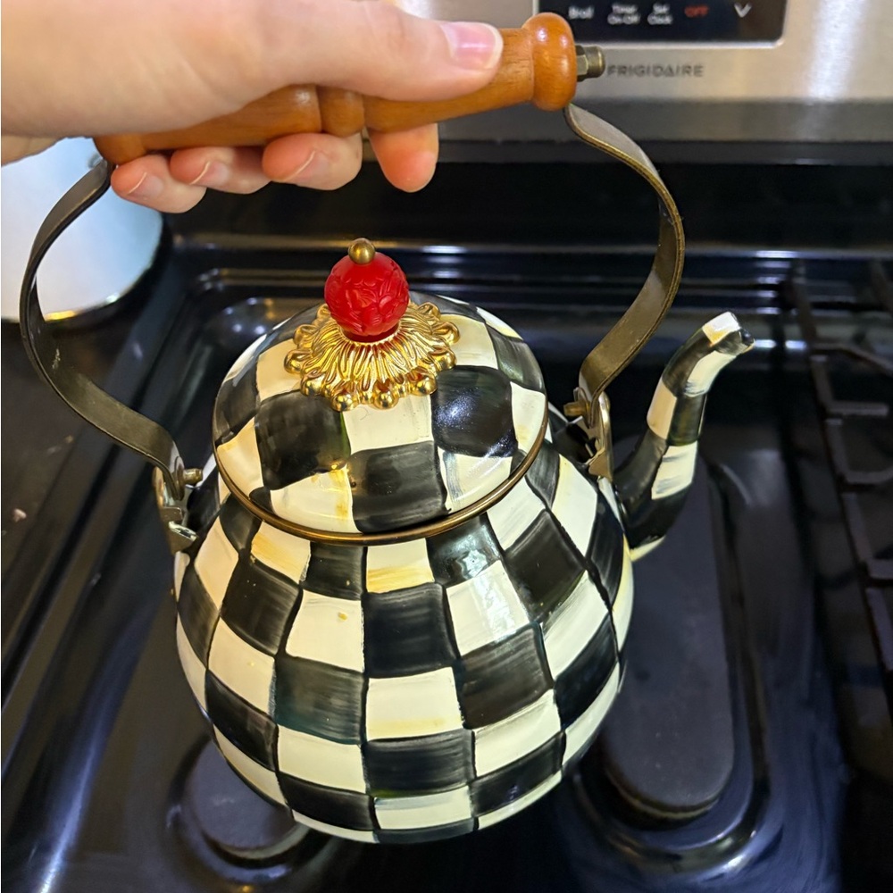 MacKenzie-Childs Black and White Checkered Teapot with Red Knob